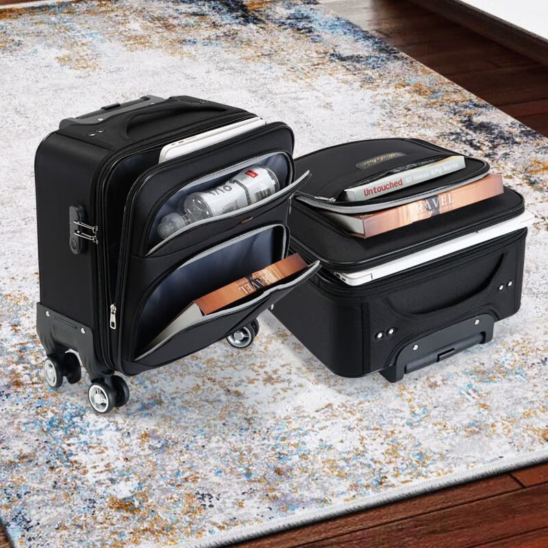 Nimense Oxford Budden chassis women's ultra-light suitcase men's business trip customized suitcase flip cover small leather suitcase horizontal style side opening 0269 black silent universal wheel 16 inches comes with dust cover for boarding