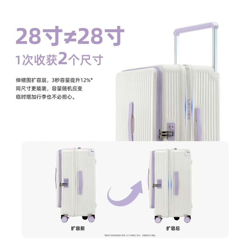 Lee2025 new front side opening large capacity trolley suitcase 24 inches with expansion layer zipper boarding suitcase for women goddess purple 26 inches fifth wheel checked box thickened + computer compartment