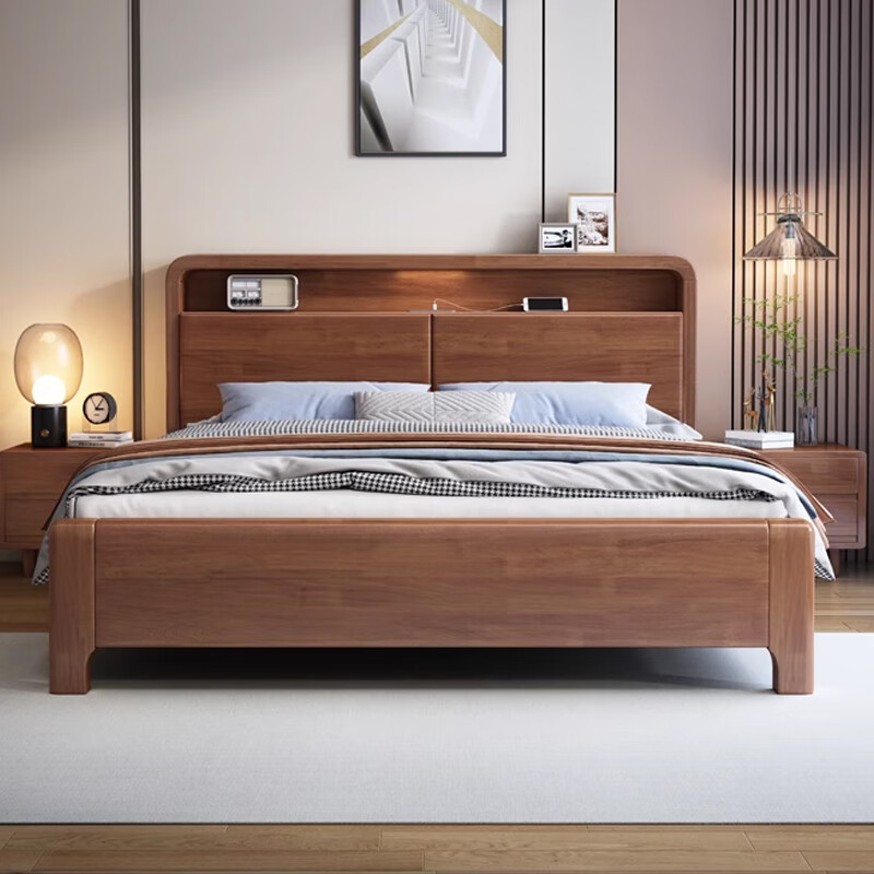 Duwo solid wood double bed with mortise and tenon structure, fully covered master bedroom, single king bed, 1.5m*2m, walnut color