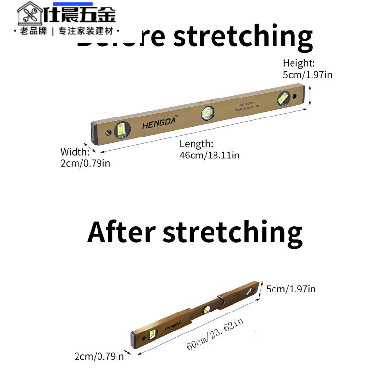 Qinkai high-precision level folding anti-fall blister retractable small portable measuring ruler construction decoration with scale shrink 460-expand 600mm new upgraded electroplating anti-rust coating-with scale