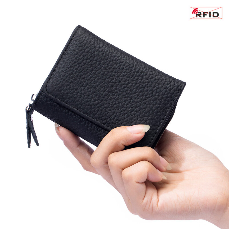 VANLEMN Danish anti-theft brushed cowhide wallet card bag short genuine leather coin purse women's shielded RFID multifunctional storage bag black