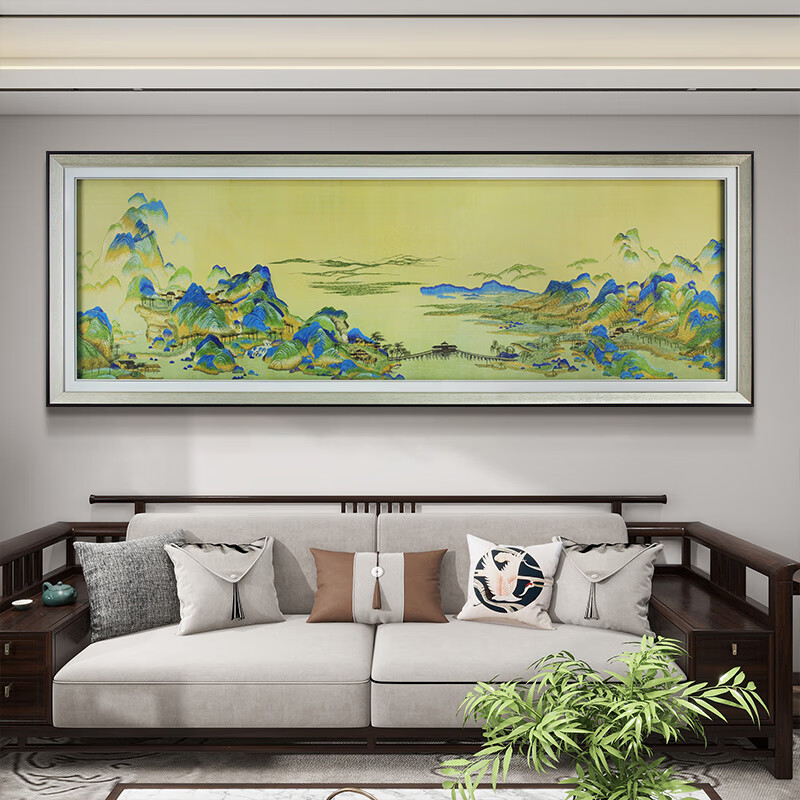Painting Qingyan three-dimensional embroidery Thousand Miles of Rivers and Mountains horizontal version decorative painting modern Chinese style living room sofa background landscape mural Su embroidery