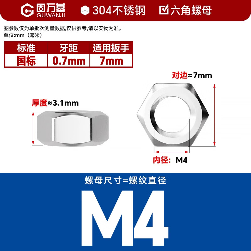 GUWANJI hexagonal nut stainless steel nut hexagonal nut screw nut 304 hexagonal nut M4 500 pieces/pack