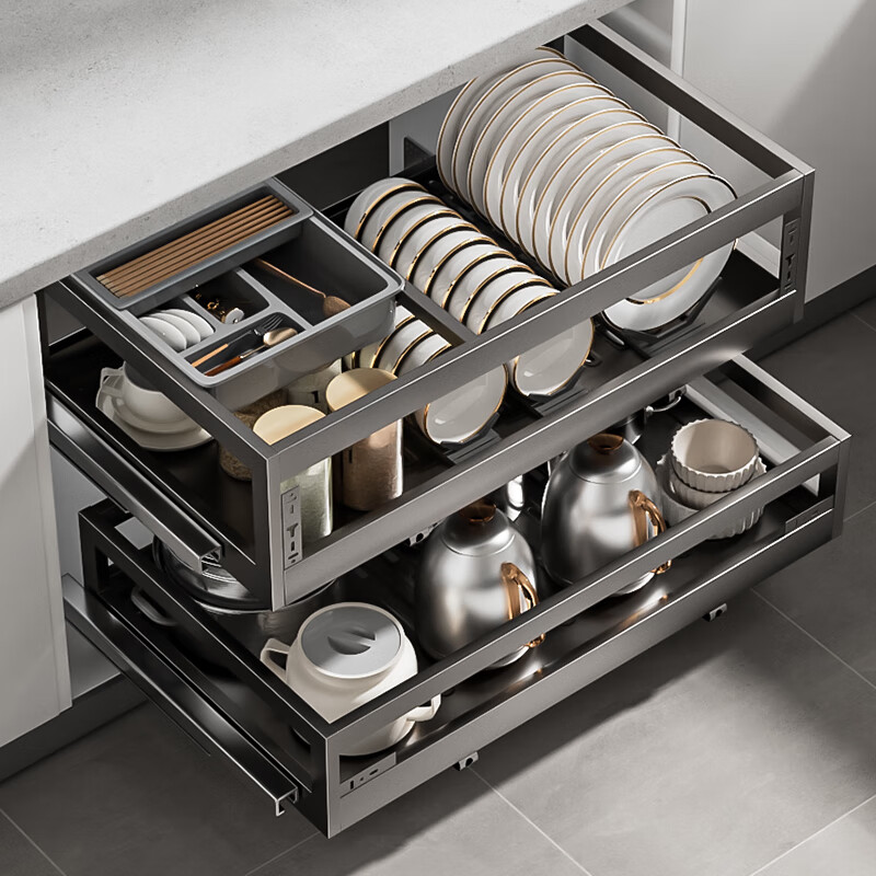 Funwudou custom pull basket kitchen cabinet 304 stainless steel double layer drawer storage dish rack cabinet bowl basket 3999 cost-effective gun gray 600 cabinet double layer-free four pieces double layer drawer type