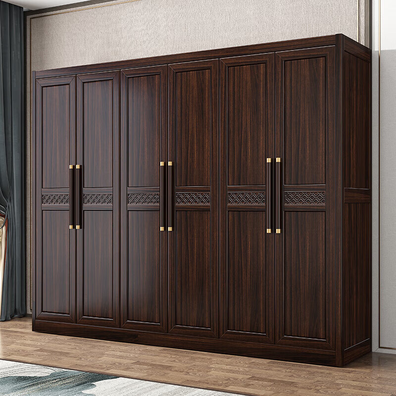 Fanyi Wardrobe New Chinese Style Black Gold Wood Wardrobe Bedroom Cabinet Solid Wood Wardrobe Storage Cabinet Wardrobe Combination Furniture Six Door Wardrobe (With Center Drawer) + Top Cabinet + Side Cabinet Black Gold Wood