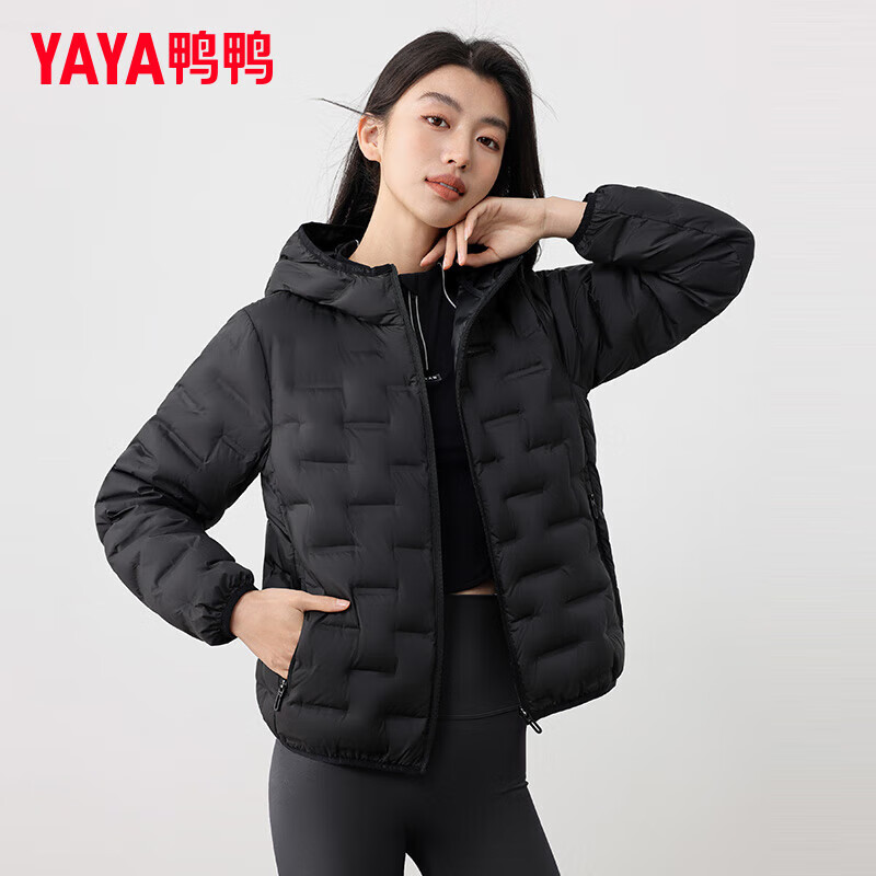 YAYA Lightweight Down Jacket Women's Short 2025 Autumn and Winter New Fashion Casual Hooded Versatile Warm Jacket KL Black M