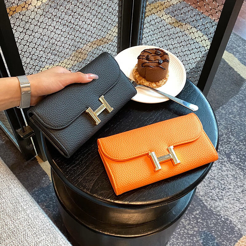 Kangaroo Wallet Long Litchi Pattern Women's Fashion Versatile Covered Wallet Wallet with Large Capacity and Multiple Card Slots Trendy Black