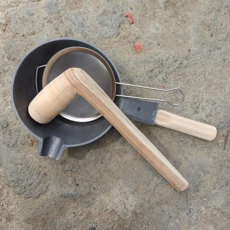 FANCYCHIC old-fashioned Gongcheng Guanyang oil tea pot complete set of tools solid wood hammer tea partition full set oil tea pot set three-piece set (open pot) + stainless steel partition + oil tea hammer diameter 22 thickened flat bottom single pot