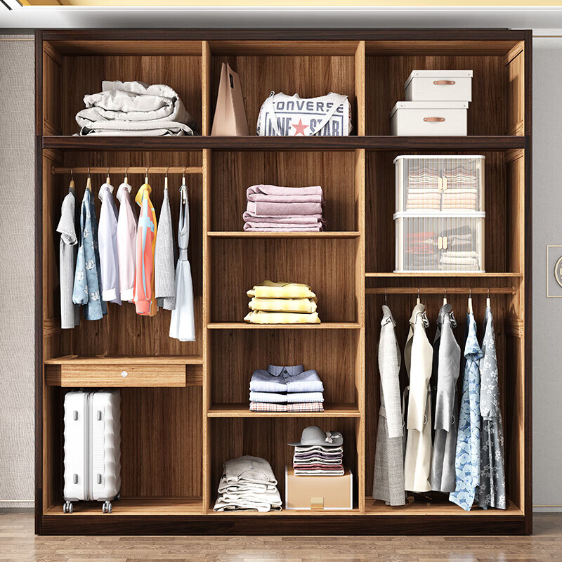 Fanyi Wardrobe New Chinese Style Black Gold Wood Wardrobe Bedroom Cabinet Solid Wood Wardrobe Storage Cabinet Wardrobe Combination Furniture Six Door Wardrobe (With Center Drawer) + Top Cabinet + Side Cabinet Black Gold Wood