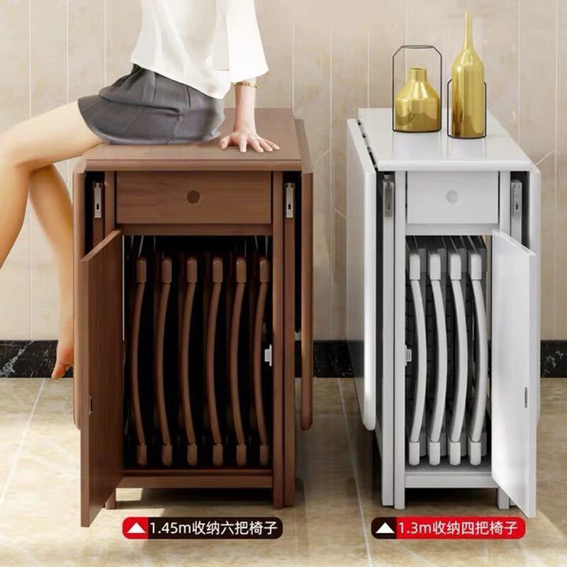 Fanjia all solid wood folding dining table and chair combination sideboard rectangular dining table mobile simple small apartment retractable walnut color one table + six chairs 145CM