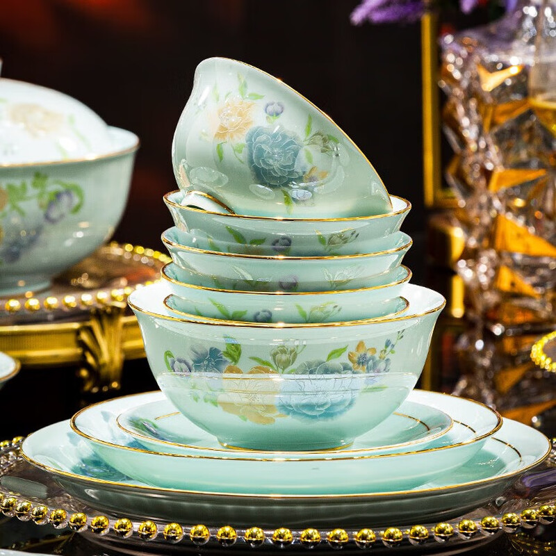 Yitongtang Chinese light luxury underglaze color Jingdezhen celadon tableware complete set of bowls and plates household ceramic set dishes housewarming gift suitable for microwave oven | leather suitcase | 60-piece set