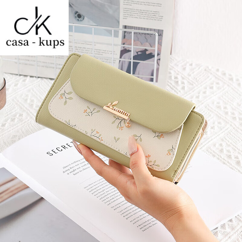 Casa-kupsCK small fresh printed long pink wallet for women 2025 new large capacity folding card bag women's clutch pink