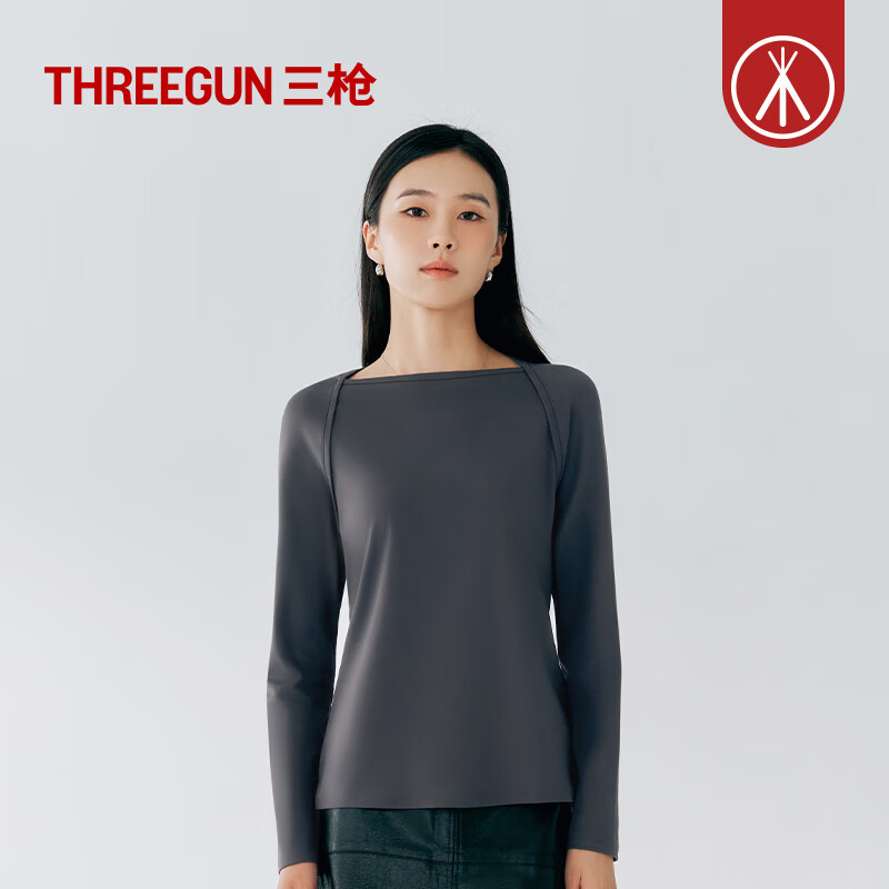THREEGUN Shanghai Fashion Week Show Style Basic Base Layer Women's 120 Count Long Staple Cotton One-line Collar Long Sleeve Base Layer Dark European Gray M