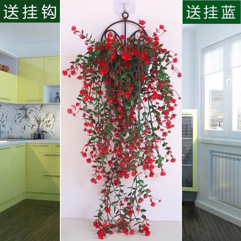 Time Bird Simulation Wall Plant Vine Rose Chlorophytum Plastic Decoration Wall Hanging Rattan Living Room Indoor Hanging Basket Fake Flower 1 Bundle with Buds Rose Vine White Green + Sticky Hook