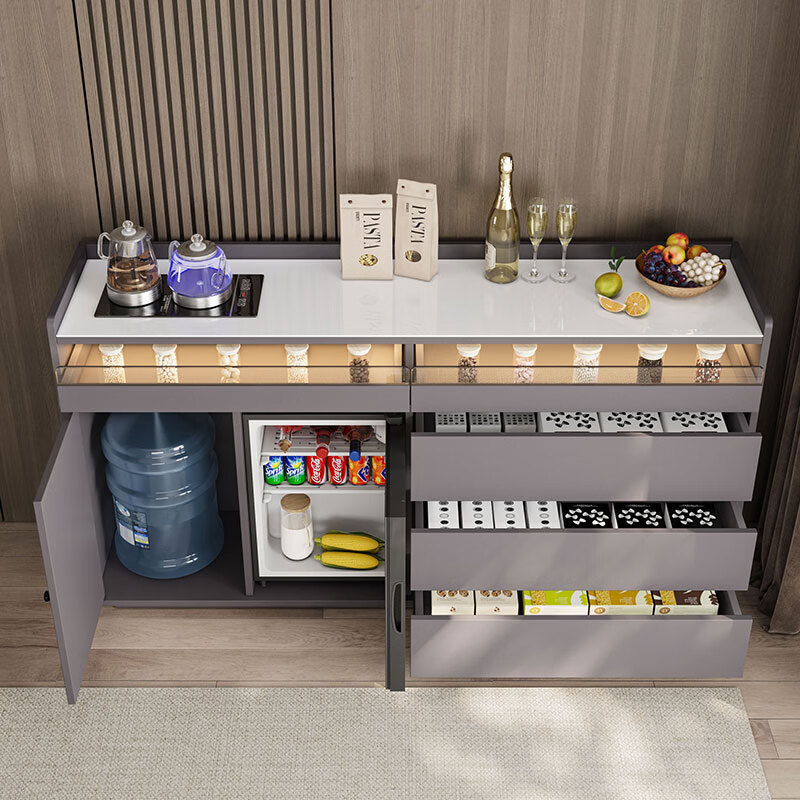 Jingjiangshu tea bar machine with refrigerator integrated cabinet smart ice bar cabinet 2025 new home dining side cabinet small disinfection cabinet gray solid wood tea bar machine 1.6 meters long with ice bar thermostatic kettle 2-3 doors