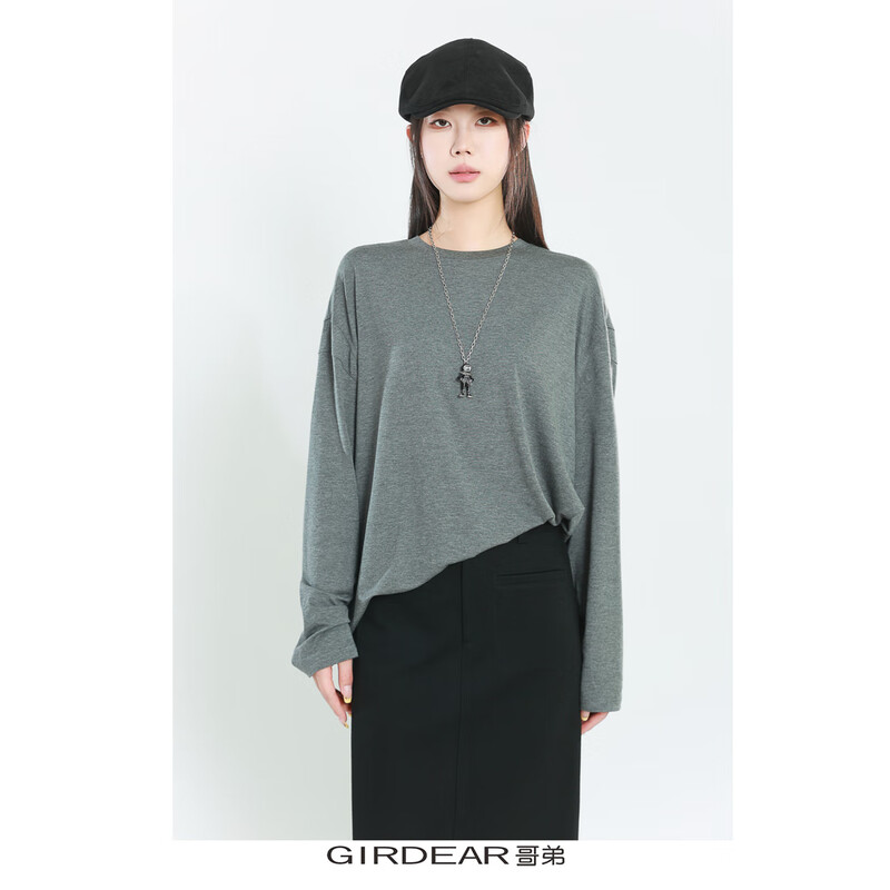 GIRDEAR/GIRDEAR 130066 spring new skin-friendly, comfortable and versatile loose round neck long-sleeved T-shirt basic base silver gray afternoon dark clouds (grey) M