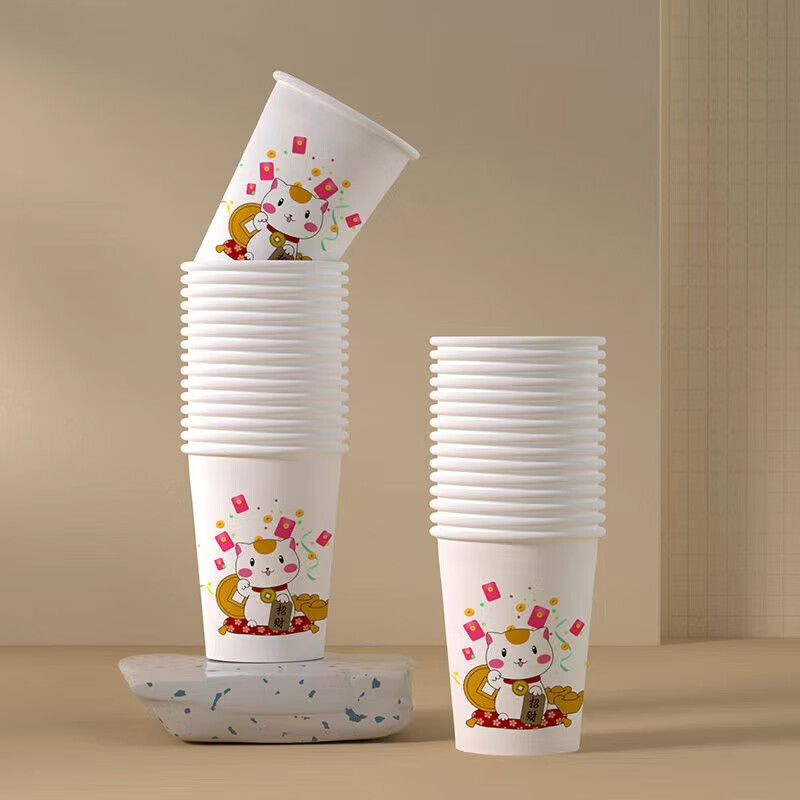 Paper cup cartoon disposable cup wholesale thickened home commercial office wedding outdoor camping tea cup 220ml lucky cat 100 pieces