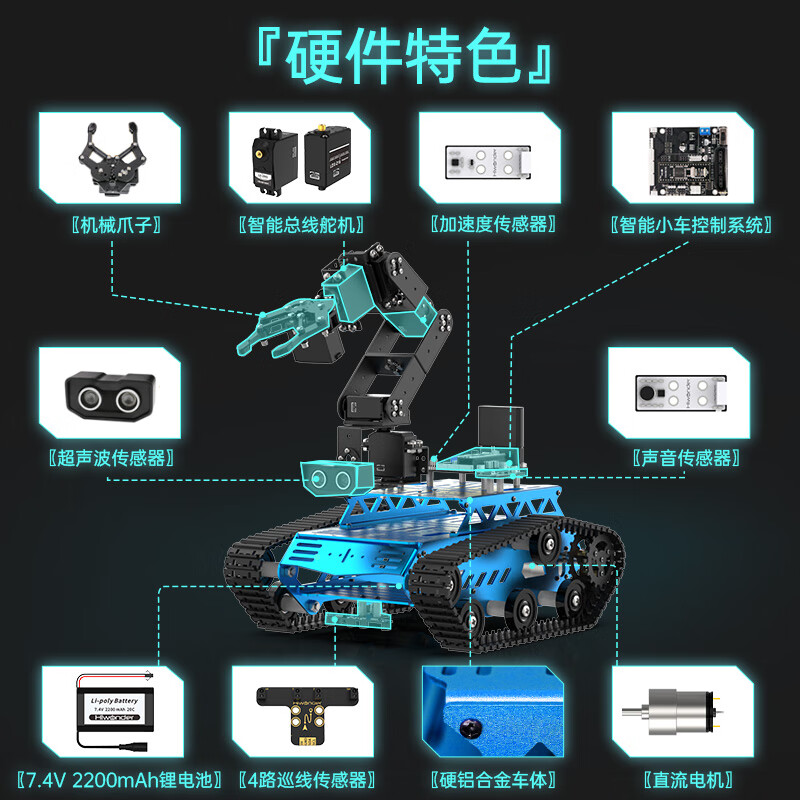 Yue Changsheng Huan'er 6-degree-of-freedom robotic arm robot Tankbot tracking and obstacle avoidance open source handling programming crawler car standard configuration (black)