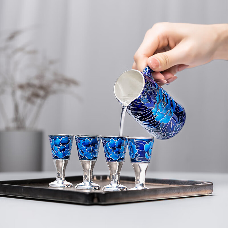 Guiyintang cloisonne filigree sterling silver wine set original peony pure silver 999 points wine set silverware high-end wine set gift set 1 pot 1 cup + certificate + gift box