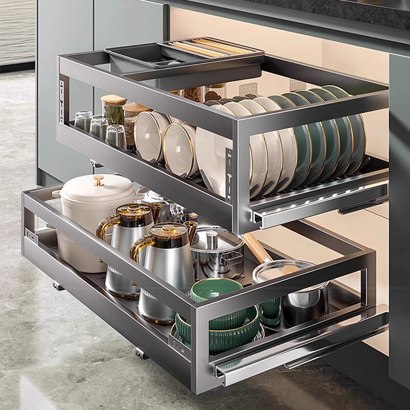 Funwudou custom pull basket kitchen cabinet 304 stainless steel double layer drawer storage dish rack cabinet bowl basket 3999 cost-effective gun gray 600 cabinet double layer-free four pieces double layer drawer type