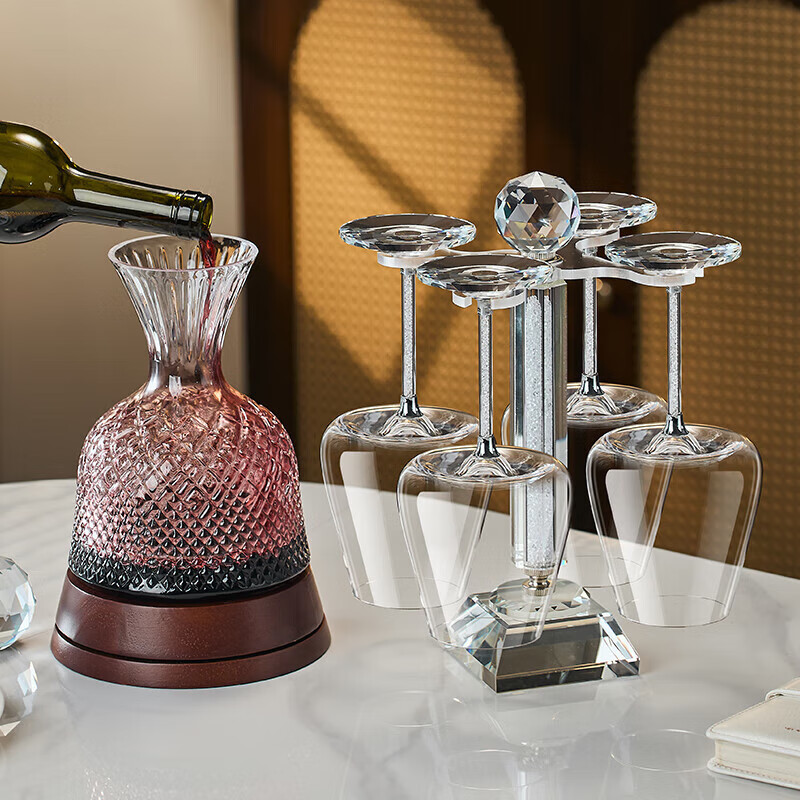 MARTIGUES light luxury red wine glass set rotating decanter crystal glass tall cup home wine glass wine set gold diamond red wine glass 420ML*2 + gold diamond cup holder