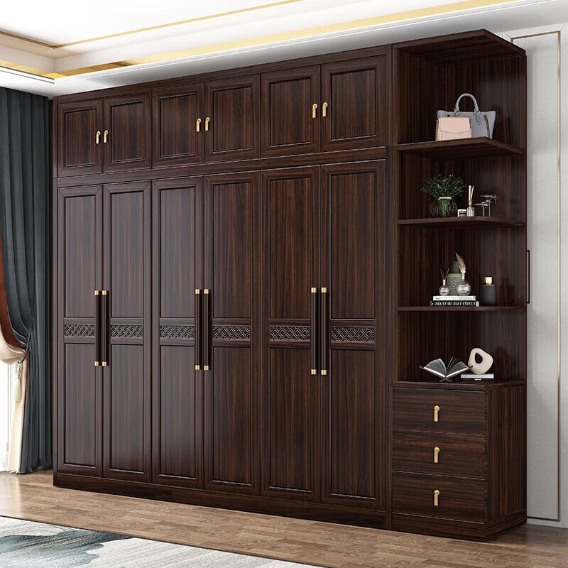 Fanyi Wardrobe New Chinese Style Black Gold Wood Wardrobe Bedroom Cabinet Solid Wood Wardrobe Storage Cabinet Wardrobe Combination Furniture Six Door Wardrobe (With Center Drawer) + Top Cabinet + Side Cabinet Black Gold Wood