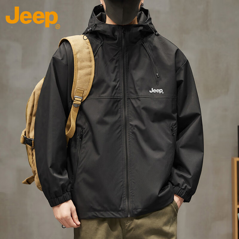 JEEP Jacket Men's Jacket Autumn and Winter Hooded Jacket Casual Fashion Tops Men's Black XL