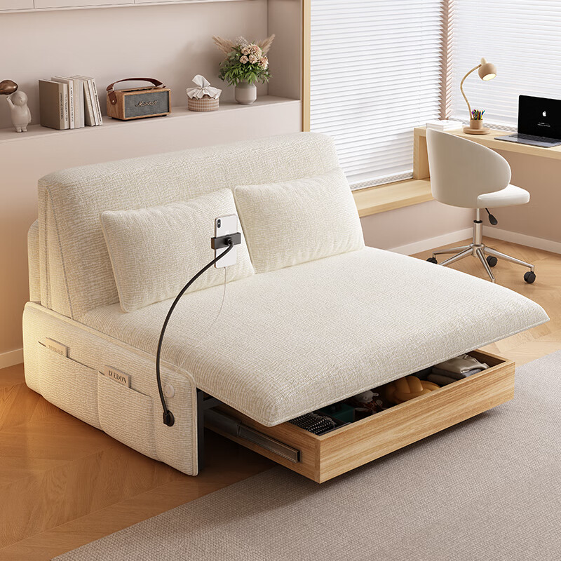Mudi's new chenille smart electric sofa bed dual-purpose small apartment multi-functional foldable living room study single and double 1.5 meters sponge type-Thirteen anti-skin-friendly cat scratch cloth USB charging + storage box