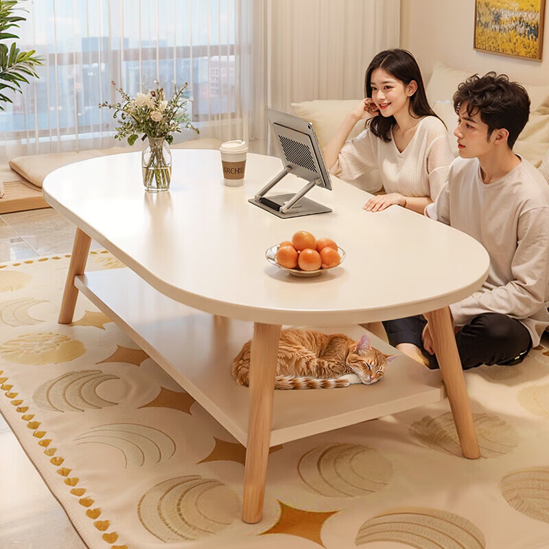 Coffee table for living room, home small apartment table, simple rental house, simple bedroom, creative solid wood table legs, small tea table, quality thickened and upgraded, warm white 80CM