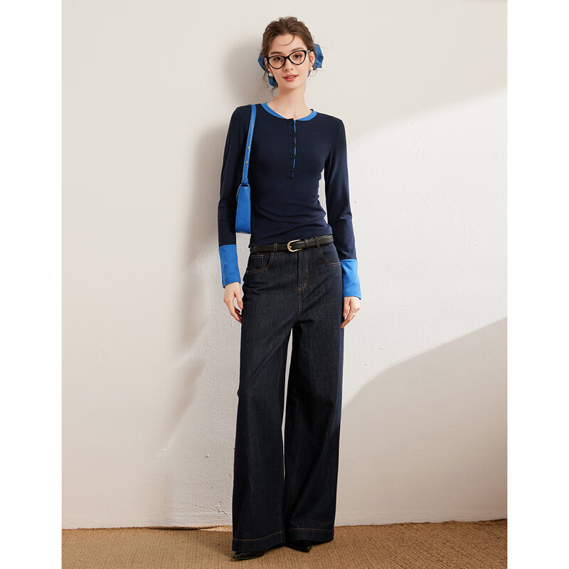 Bailuyu Contrast Color Splicing Half Placket T-shirt Autumn New Simple Slim Fit Long Sleeve Top Women Navy Blue M