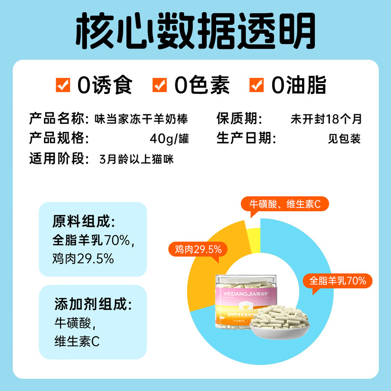 Weidangjia cat snacks freeze-dried goat milk sticks for kittens, adult cats, milk and cat nutritional cheese sticks, teething sticks, pet cat snacks 40g