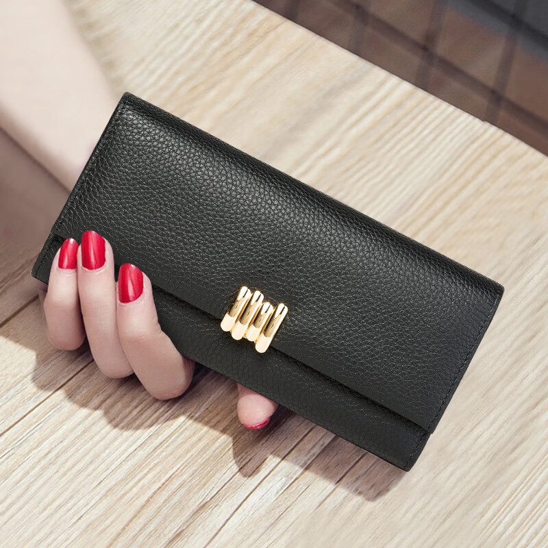 Sephoron pure cowhide long wallet for women, fashionable and versatile, genuine leather hand wallet, large capacity for mobile phone, thin wallet, temperament, black - natural textured first layer cowhide
