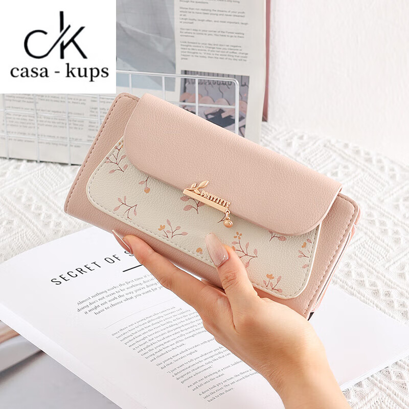 Casa-kupsCK small fresh printed long pink wallet for women 2025 new large capacity folding card bag women's clutch pink