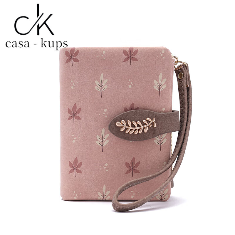 Casa-kupsCK Korean style small fresh leaf print short women's wallet hand strap multi-card slot student coin purse frosted pink