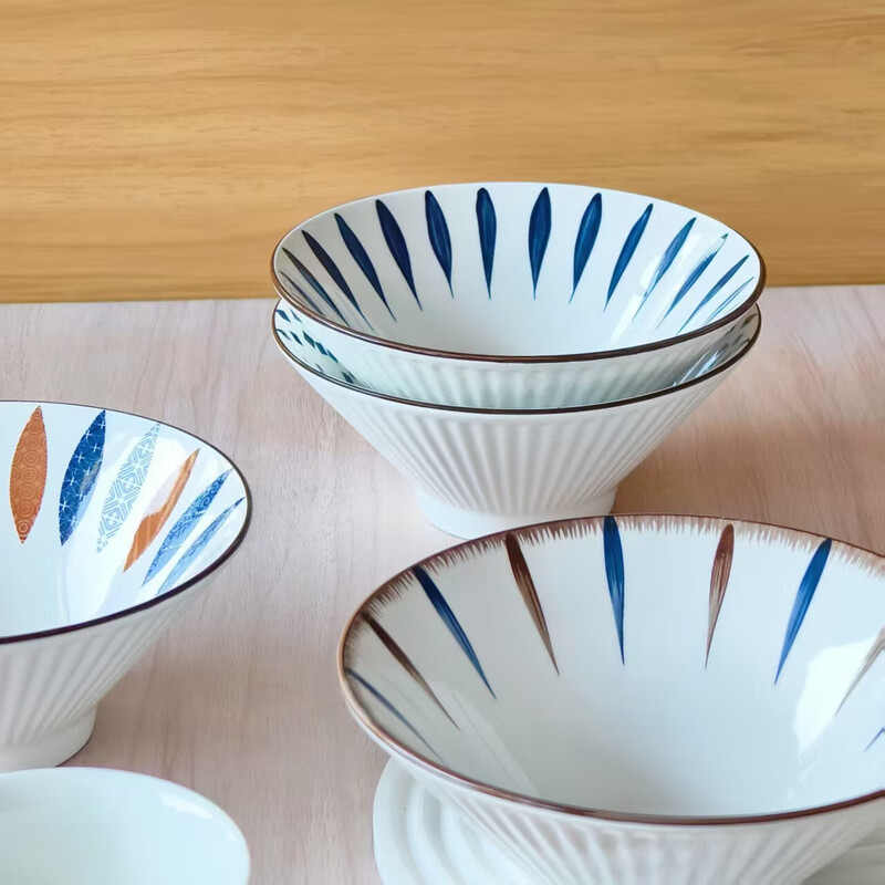 Nordic style 7-inch ramen bamboo hat ceramic instant noodle bowl tableware household Japanese soup bowl high foot color craft Japanese 7-inch bamboo hat bowl color 1 pack