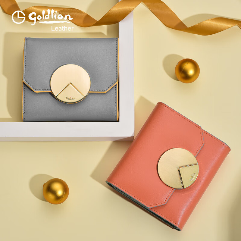 Goldlion Wallet Women's Short 25 New Style Fashion Ticket Clip Genuine Cowhide Large Capacity Multifunctional Women's Wallet Trendy Orange