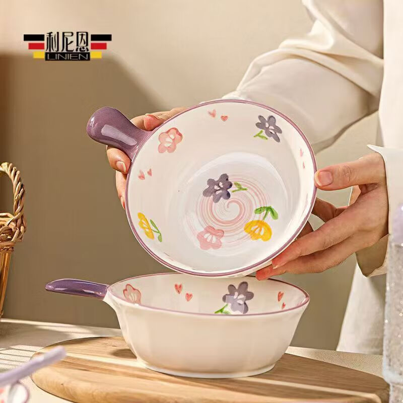 Oven-specific ceramic baking bowl household bowl with handle fruit salad bowl cartoon student dormitory single handle instant noodle bowl handle instant noodle bowl