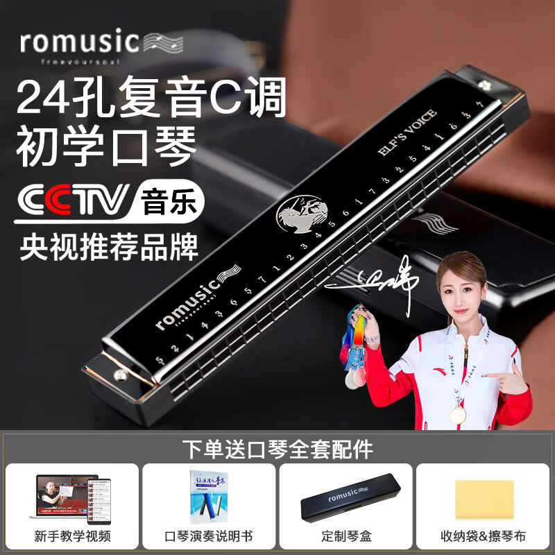 Romusic harmonica 24-hole polyphonic harmonica in C key for beginners (black) student teaching recommendation