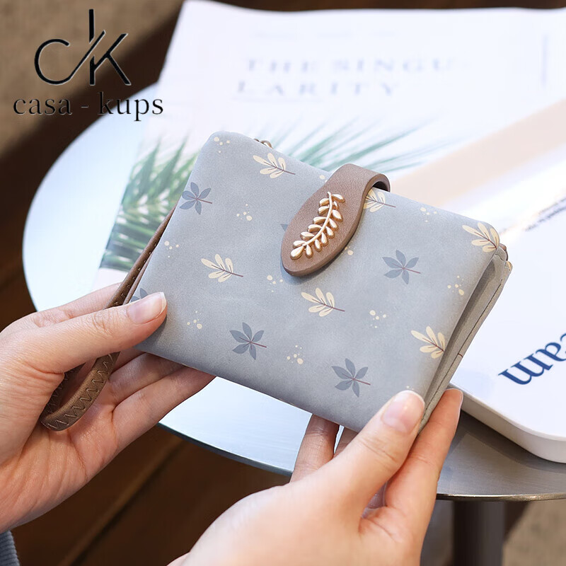 Casa-kupsCK Korean style small fresh leaf print short women's wallet hand strap multi-card slot student coin purse frosted pink