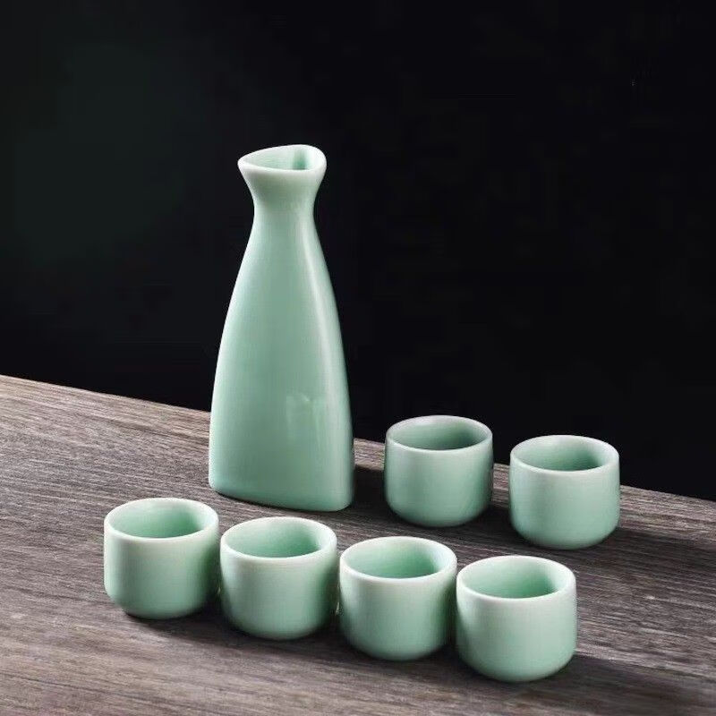 Ceramic wine set antique ceramic wine set simple wine divider white wine cup yellow wine cup green wine set Japanese hot wine Chinese knot-safe packaging one pot two cups