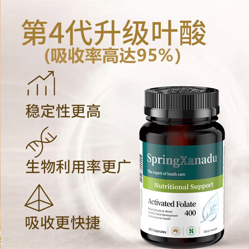 SpringXanadu Active Folic Acid Tablets Men's Homocysteine-lowering Cardiovascular Pentamethyltetrahydrofolate B9 for Middle-aged and Elderly People Imported-60 Tablets*1 Bottle 5methyltetrahydrofolate