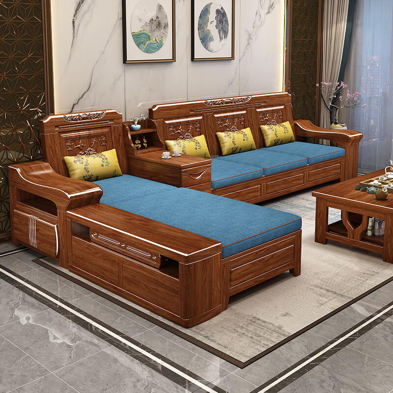 Muyouting solid wood sofa walnut corner combination new Chinese style sofa simple living room middle box winter and summer dual-use wooden sofa four-seater+concubine couch+corner+double+coffee table