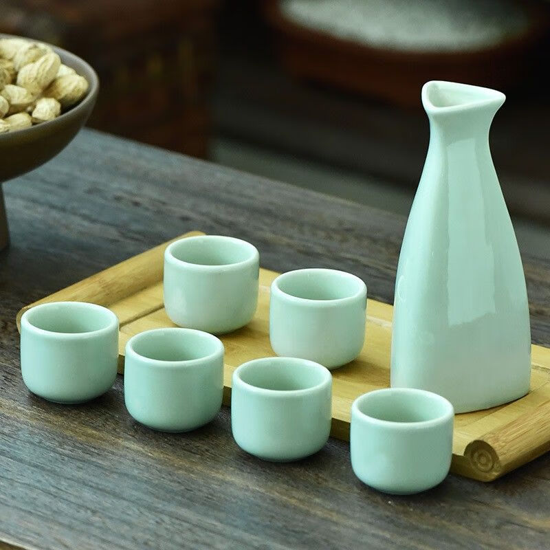 Ceramic wine set antique ceramic wine set simple wine divider white wine cup yellow wine cup green wine set Japanese hot wine Chinese knot-safe packaging one pot two cups