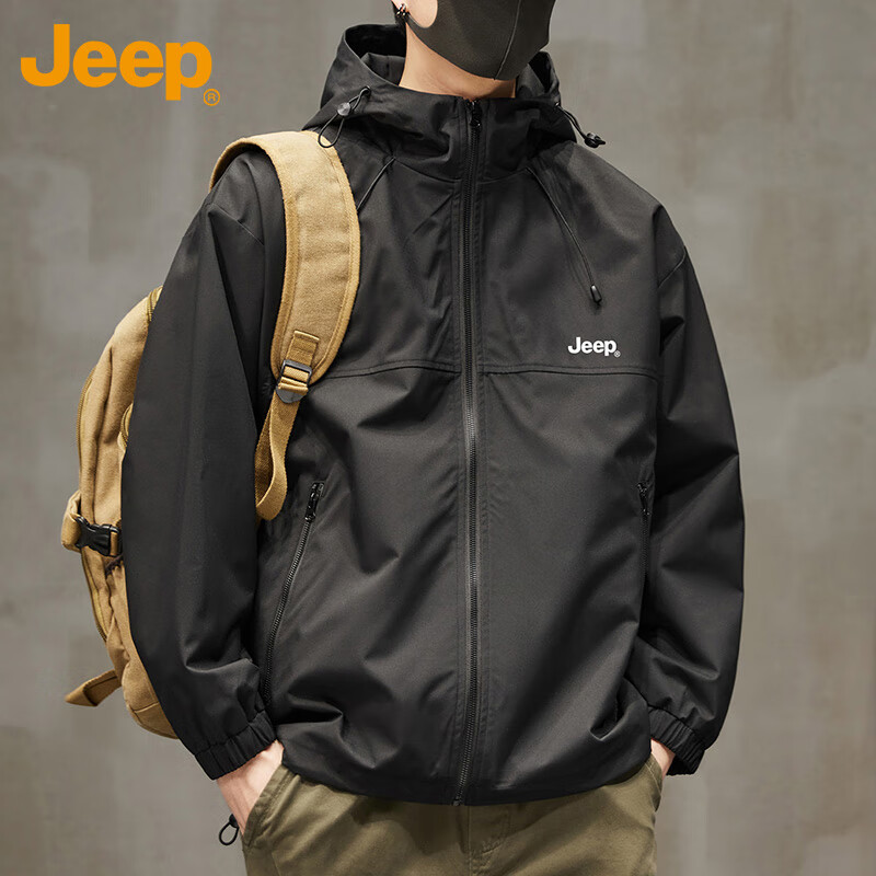 JEEP Jacket Men's Jacket Autumn and Winter Hooded Jacket Casual Fashion Tops Men's Black XL