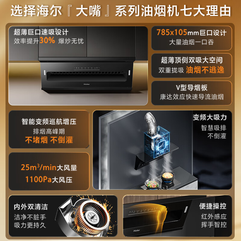 Haier (Haier) Huawei three-fold single-exhaust range hood suction and exhaust range hood top side double suction large mouth C61 home flush cabinet frequency conversion 25 air volume hood