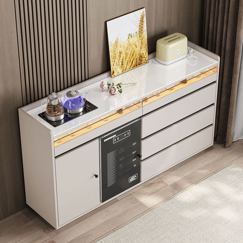 Jingjiangshu tea bar machine with refrigerator integrated cabinet smart ice bar cabinet 2025 new home dining side cabinet small disinfection cabinet gray solid wood tea bar machine 1.6 meters long with ice bar thermostatic kettle 2-3 doors