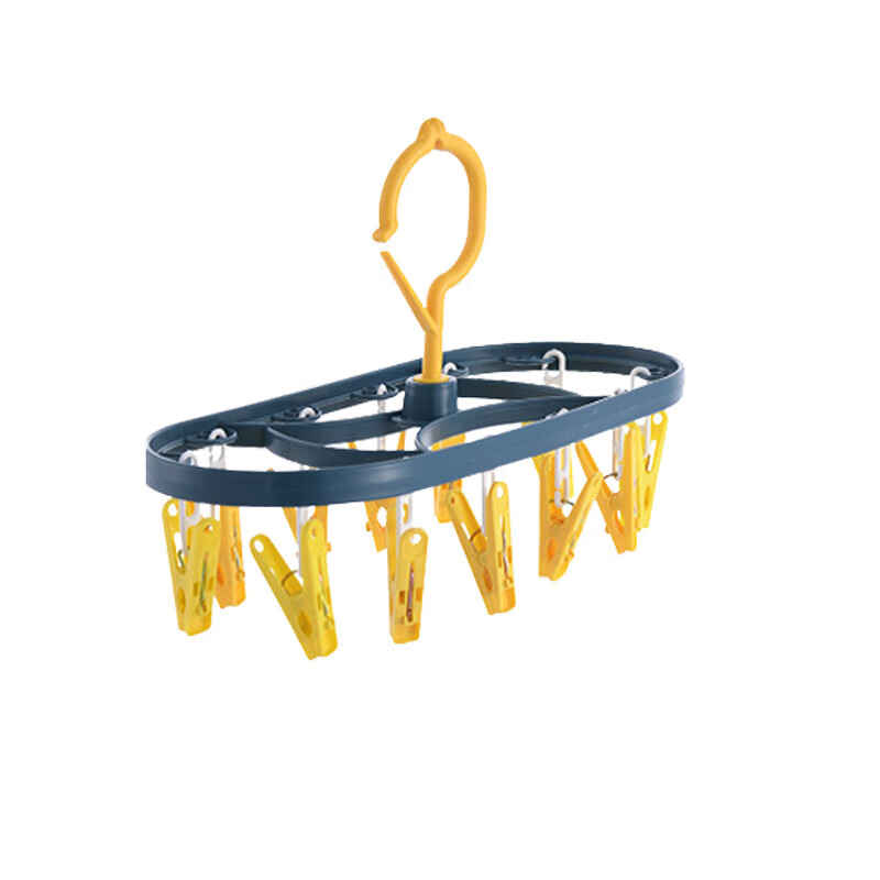 Multi-clip clothes hanger, home sock drying artifact, student and children's clothes hanger, clothes hanging dormitory, sock drying rack, 12 clothes drying pins, blue and yellow, 1 pack