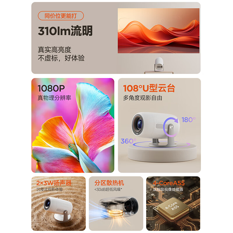 Lenovo 2025 Xiaoxin 100M PTZ Projector Residential Home 1080P HD Smart Portable Home Bedroom Theater Projector (2+32G Laser Focus)