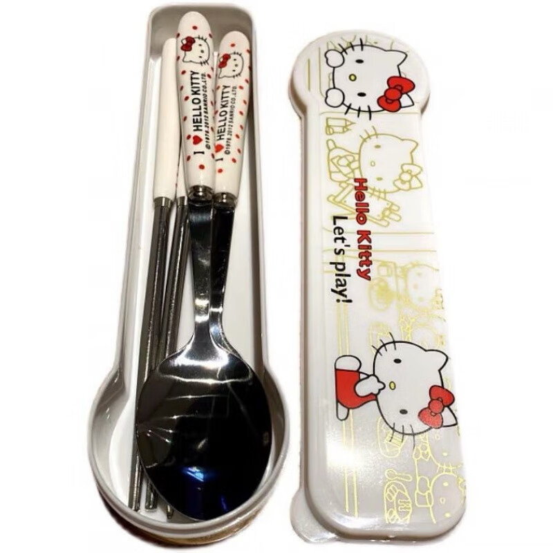 Complete Hello Kitty tableware set, stainless steel fork and spoon, student plastic handle, Hello Kitty chopsticks, KT cat spoon + chopsticks + fork (free box)