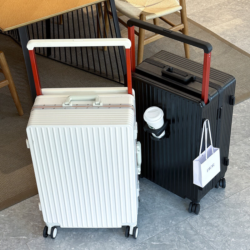 Ouyao's high-looking center-mounted balanced wide trolley case for women, new aluminum frame thickened pc suitcase for men, business travel carry-on suitcase, silver - wide trolley + water cup holder + double enclosed interior 20 inches - stronger and more durable + free replacement if broken